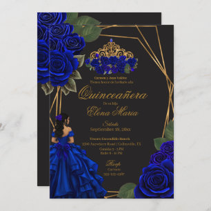Invitación Princesa de oro de los Rosas azules negros Quincea