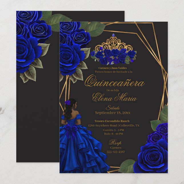 Invitación Princesa de oro de los Rosas azules negros Quincea (Anverso / Reverso)