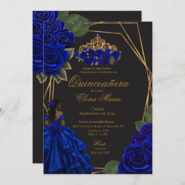 Invitación Princesa de oro de los Rosas azules negros Quincea