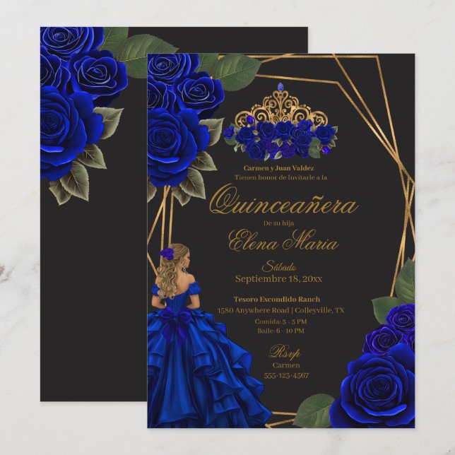 Invitación Princesa de oro de los Rosas azules negros Quincea (Anverso / Reverso)