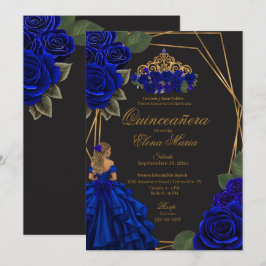 Invitación Princesa de oro de los Rosas azules negros Quincea