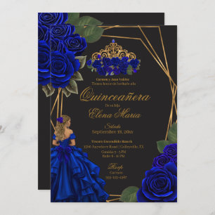 Invitación Princesa de oro de los Rosas azules negros Quincea