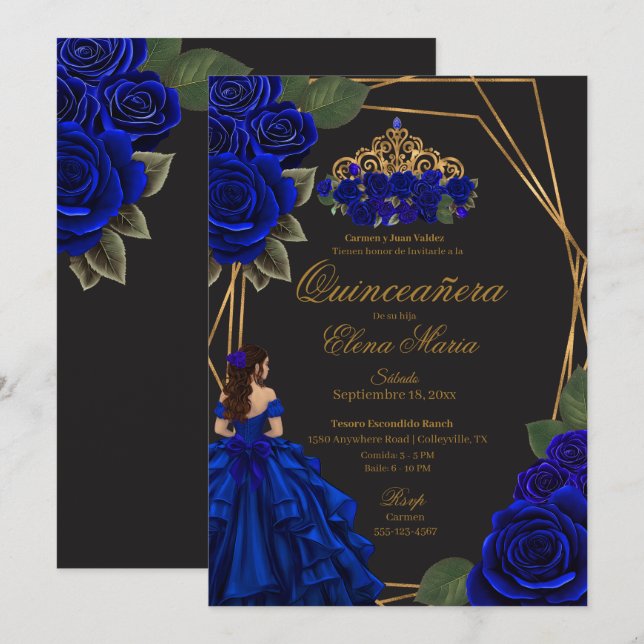 Invitación Princesa de oro de los Rosas azules negros Quincea (Anverso / Reverso)
