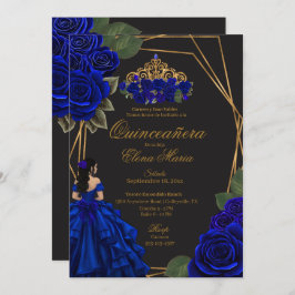 Invitación Princesa de oro de los Rosas azules negros Quincea