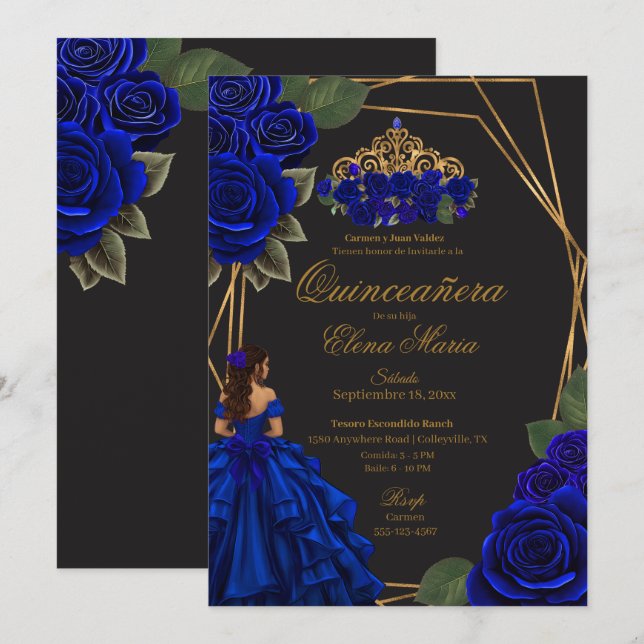 Invitación Princesa de oro de los Rosas azules negros Quincea (Anverso / Reverso)