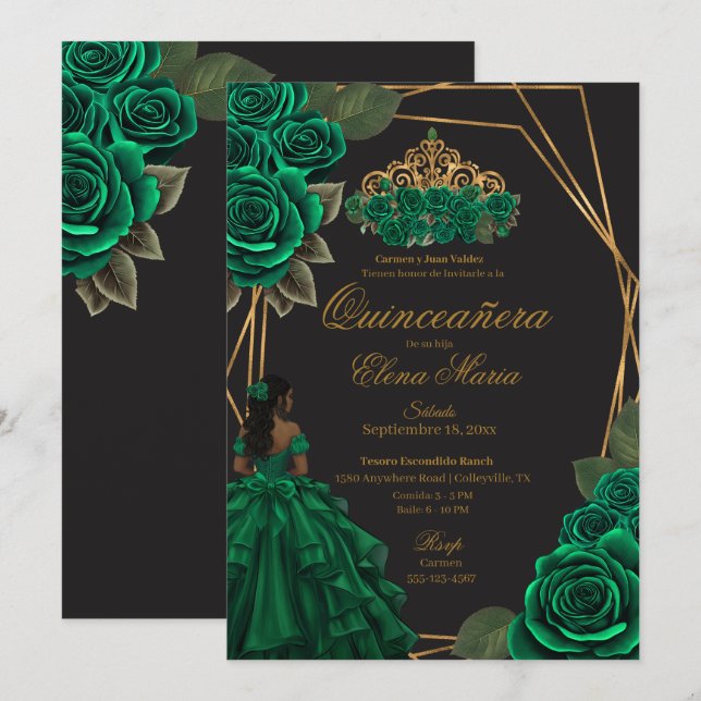 Invitación Princesa de oro de los Rosas verdes negros Quincea (Anverso / Reverso)