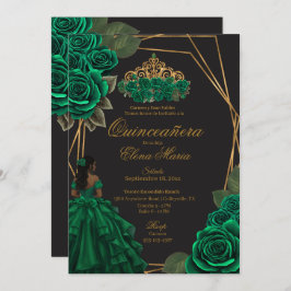 Invitación Princesa de oro de los Rosas verdes negros Quincea