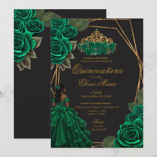 Invitación Princesa de oro de los Rosas verdes negros Quincea