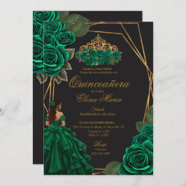 Invitación Princesa de oro de los Rosas verdes negros Quincea