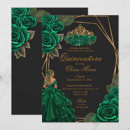 Invitación Princesa de oro de los Rosas verdes negros Quincea