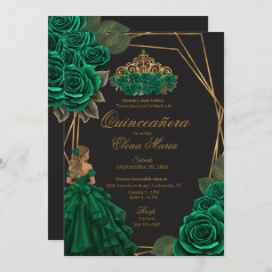Invitación Princesa de oro de los Rosas verdes negros Quincea