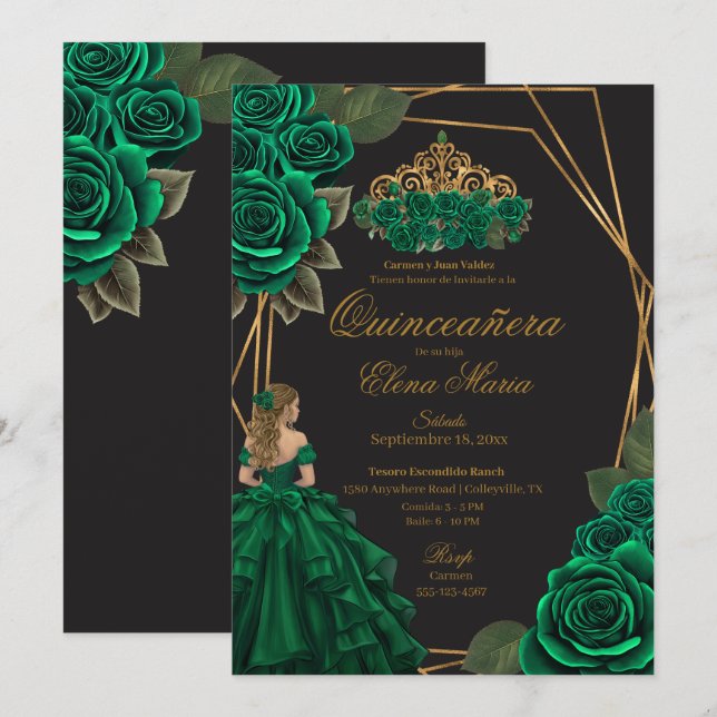 Invitación Princesa de oro de los Rosas verdes negros Quincea (Anverso / Reverso)