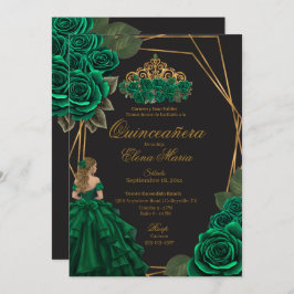 Invitación Princesa de oro de los Rosas verdes negros Quincea