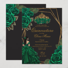Invitación Princesa de oro de los Rosas verdes negros Quincea