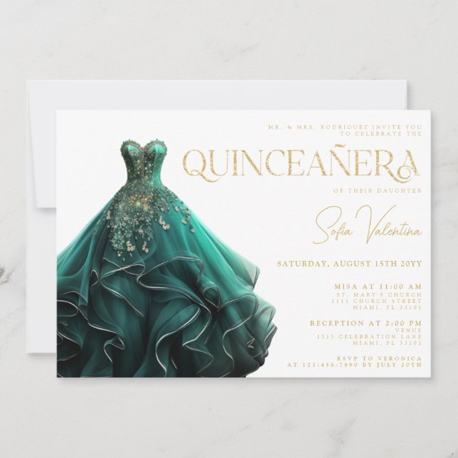 Invitación Princesa de oro de traje verde esmeralda de Quince (Anverso)