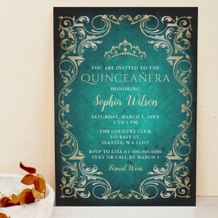 Invitación Princesa de oro esmeralda vintage Tiara Quinceañer