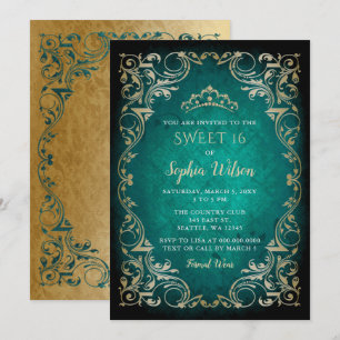 Invitación Princesa de oro esmeralda vintage Tiara Sweet 16