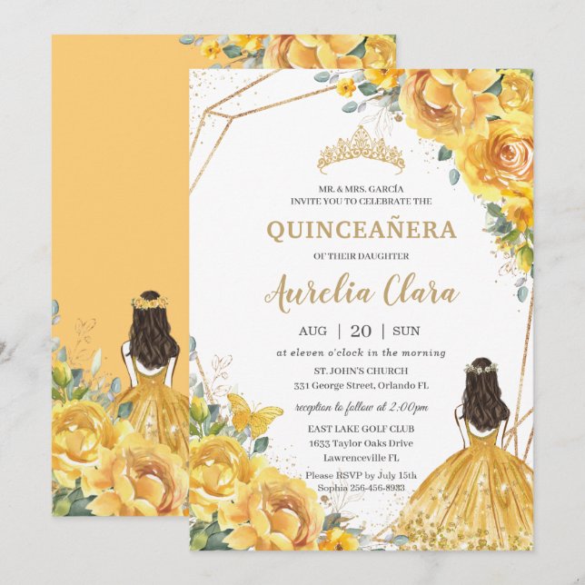 Invitación Princesa de Oro Floral Amarilla Quinceañera 15 Ano (Anverso / Reverso)