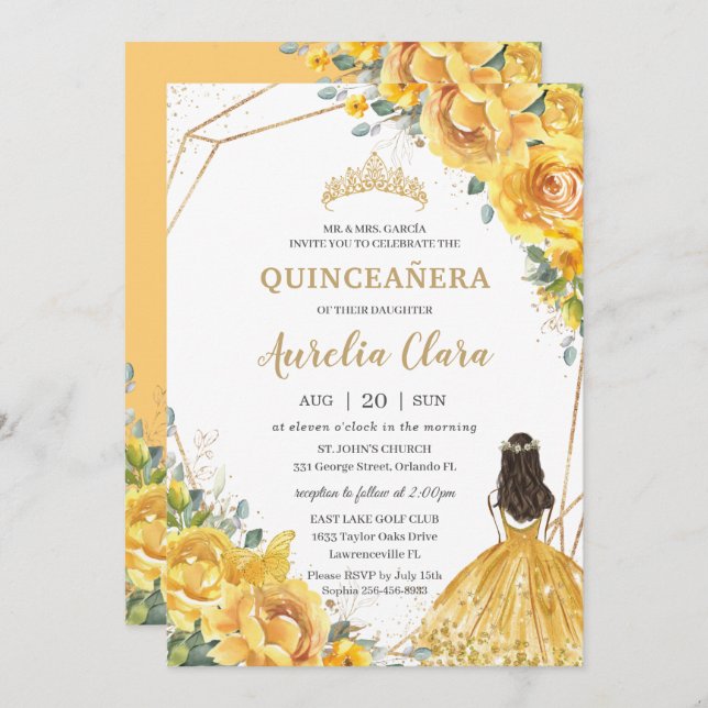 Invitación Princesa de oro floral amarilla Quinceañera 15 ano (Anverso / Reverso)