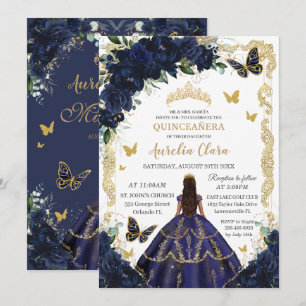 Invitación Princesa de oro floral azul de la Marina Quinceañe