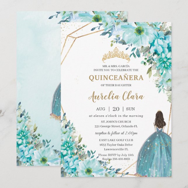 Invitación Princesa de oro floral azul turquesa Quinceañera (Anverso / Reverso)