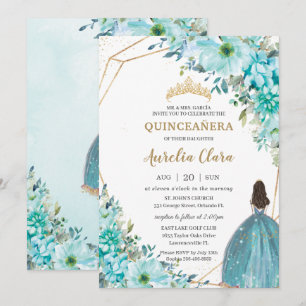 Invitación Princesa de oro floral azul turquesa Quinceañera