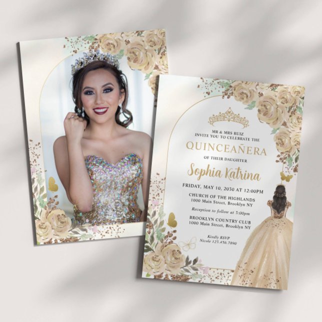 Invitación Princesa de oro floral Cumpleaños Quinceanera Foto (Subido por el creador)