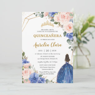 Invitación Princesa de oro floral de la Rubor azul real de Qu