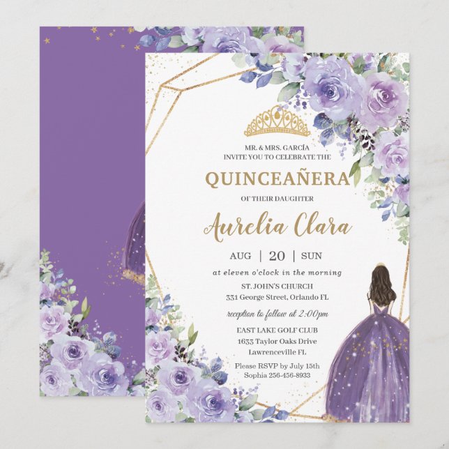 Invitación Princesa de oro floral de lavanda púrpura de Quinc (Anverso / Reverso)