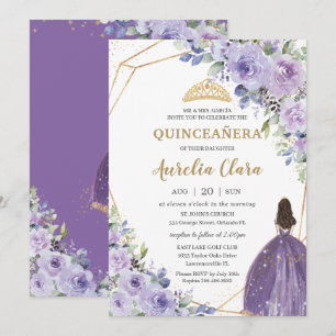 Invitación Princesa de oro floral de lavanda púrpura de Quinc