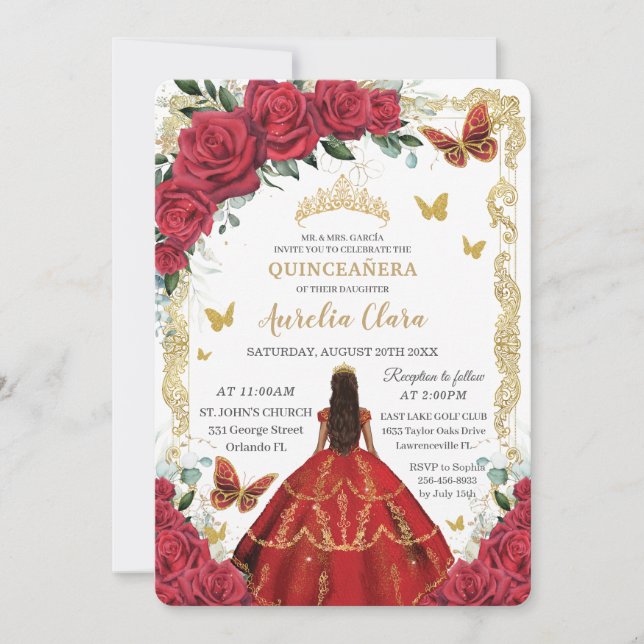 Invitación Princesa de Oro Floral de Roses Rojas de Quinceañe (Anverso)