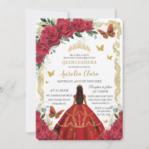 Invitación Princesa de Oro Floral de Roses Rojas de Quinceañe