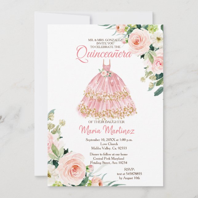 Invitación Princesa de oro floral mexicana Quinceanera  (Anverso)