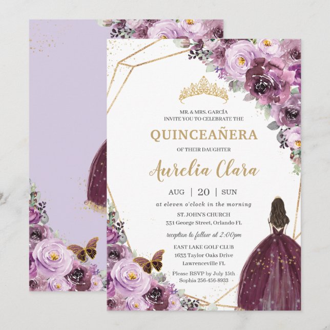 Invitación Princesa de oro floral púrpura de Plum Mauve (Anverso / Reverso)
