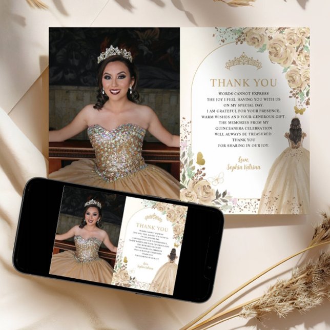 Invitación Princesa de oro floral Quinceanera Foto Gracias (Subido por el creador)