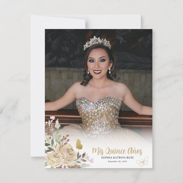 Invitación Princesa de oro floral Quinceanera Foto Gracias (Reverso)