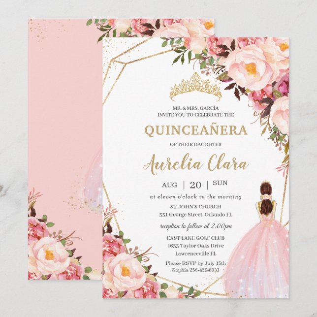 Invitación Princesa de oro floral rosa de Quinceañera Rubor (Anverso / Reverso)