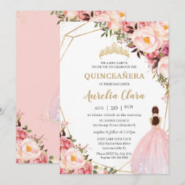 Invitación Princesa de oro floral rosa de Quinceañera Rubor