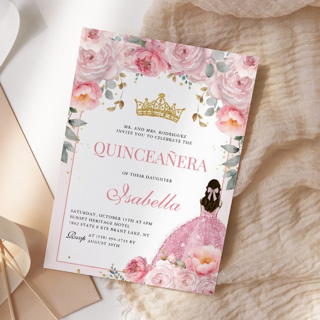 Invitación Princesa de oro floral Rubor rosa Quinceanera (Subido por el creador)