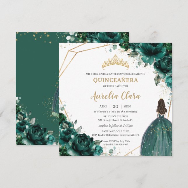 Invitación Princesa de oro floral verde esmeralda de Quinceañ (Anverso / Reverso)
