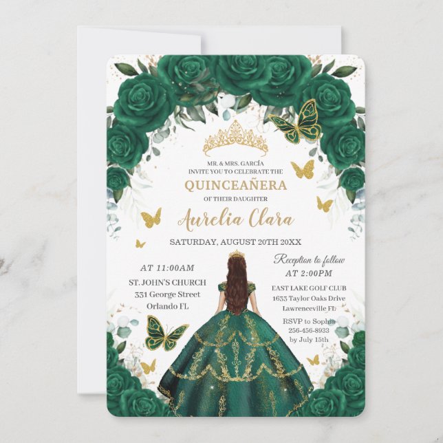 Invitación Princesa de oro floral verde esmeralda de Quinceañ (Anverso)