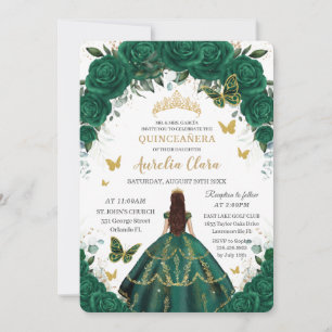 Invitación Princesa de oro floral verde esmeralda de Quinceañ