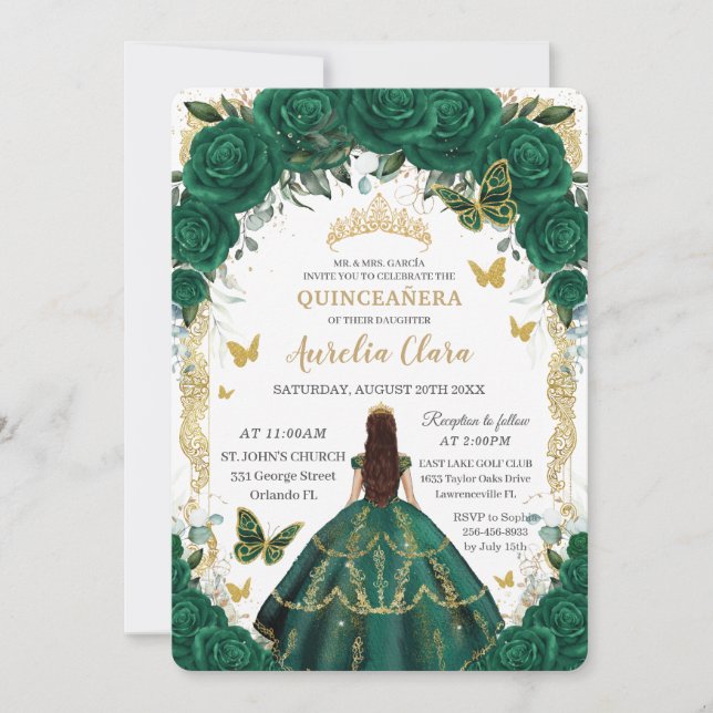 Invitación Princesa de oro floral verde esmeralda de Quinceañ (Anverso)