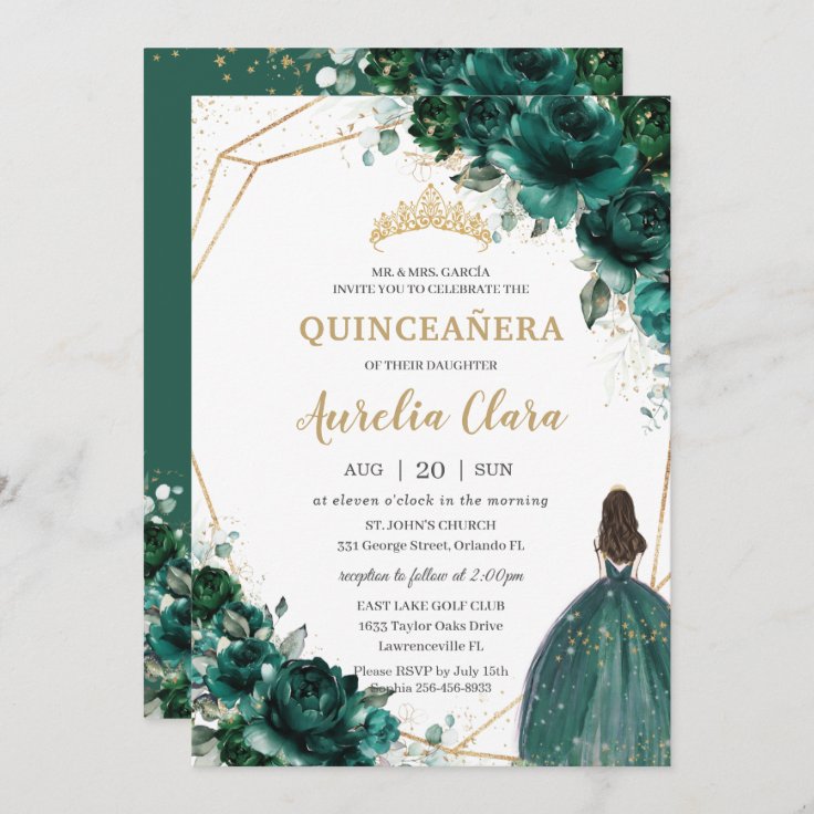 Invitación Princesa de oro floral verde esmeralda de Quinceañ | Zazzle.es