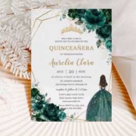 Invitación Princesa de oro floral verde esmeralda de Quinceañ
