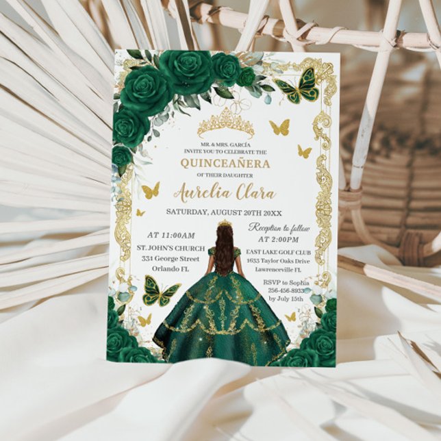 Invitación Princesa de oro floral verde esmeralda de Quinceañ (Subido por el creador)