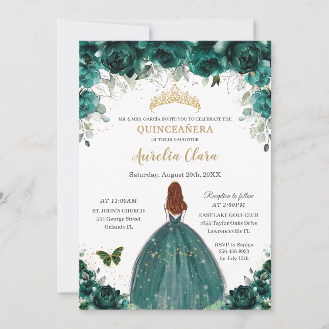 Invitación Princesa de oro floral verde esmeralda de Quinceañ (Anverso)