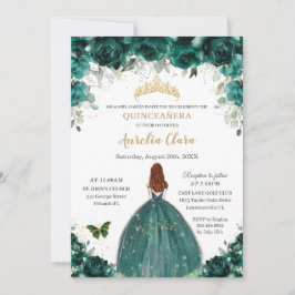 Invitación Princesa de oro floral verde esmeralda de Quinceañ