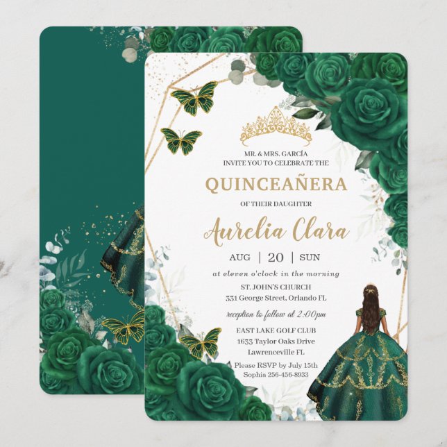 Invitación Princesa de oro floral verde esmeralda de Quinceañ (Anverso / Reverso)