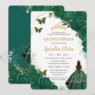 Invitación Princesa de oro floral verde esmeralda de Quinceañ